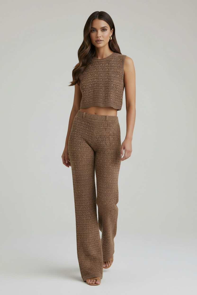 Textured Knit Crop Top & Wide-Leg Pants Set