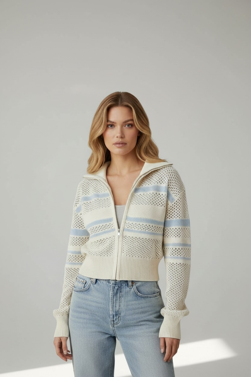 Open-Knit Zip Cardigan