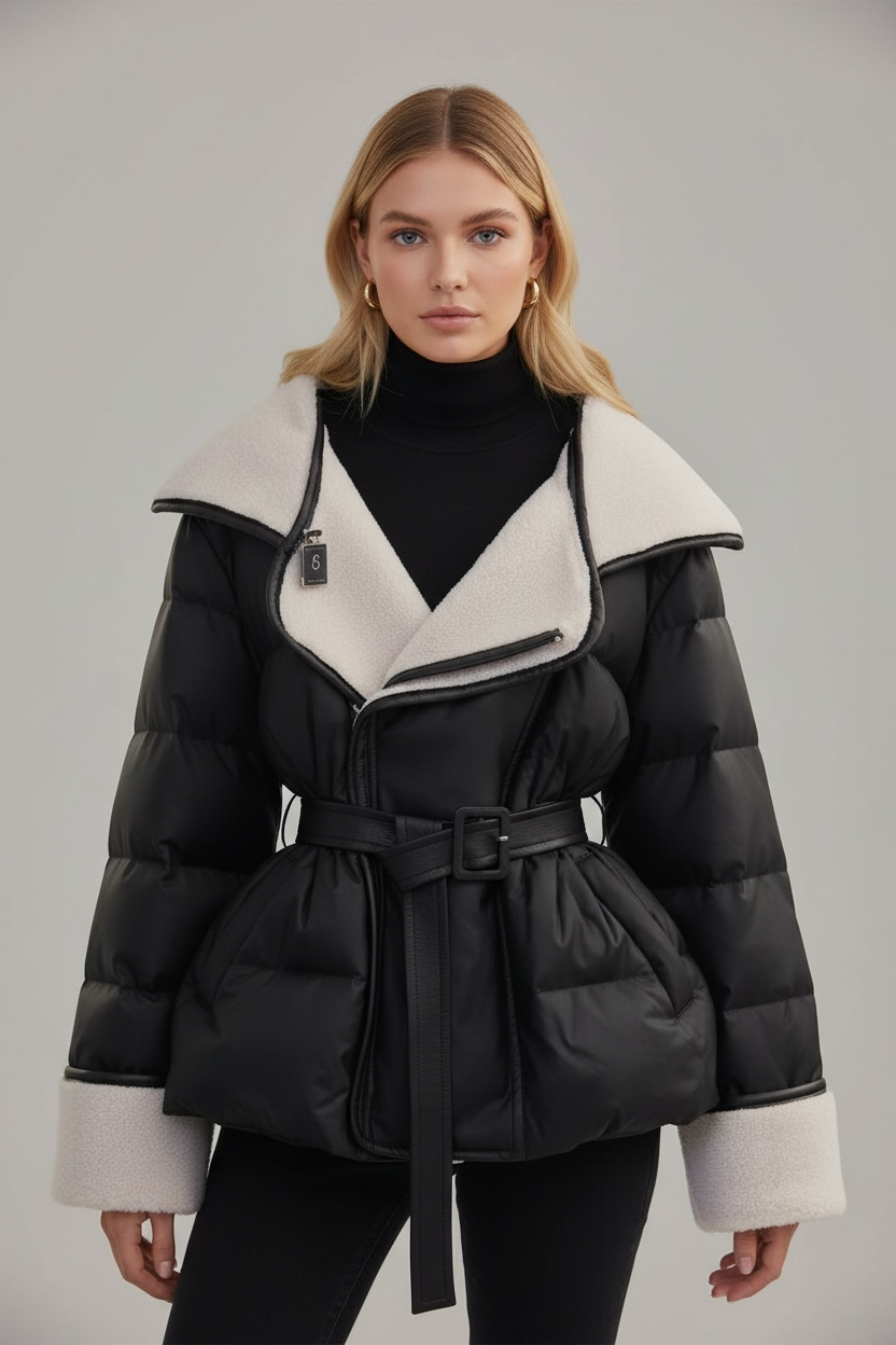 Luxury Teddy Fabric Puffer Jacket with Waist Belt