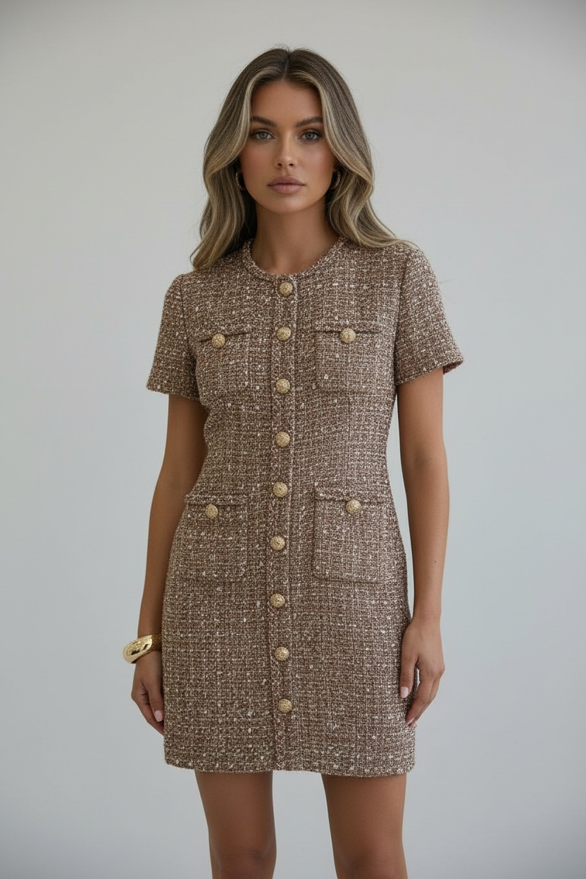 Classic Tweed Button-Front Mini Dress