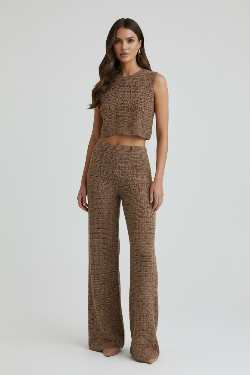 Textured Knit Crop Top & Wide-Leg Pants Set