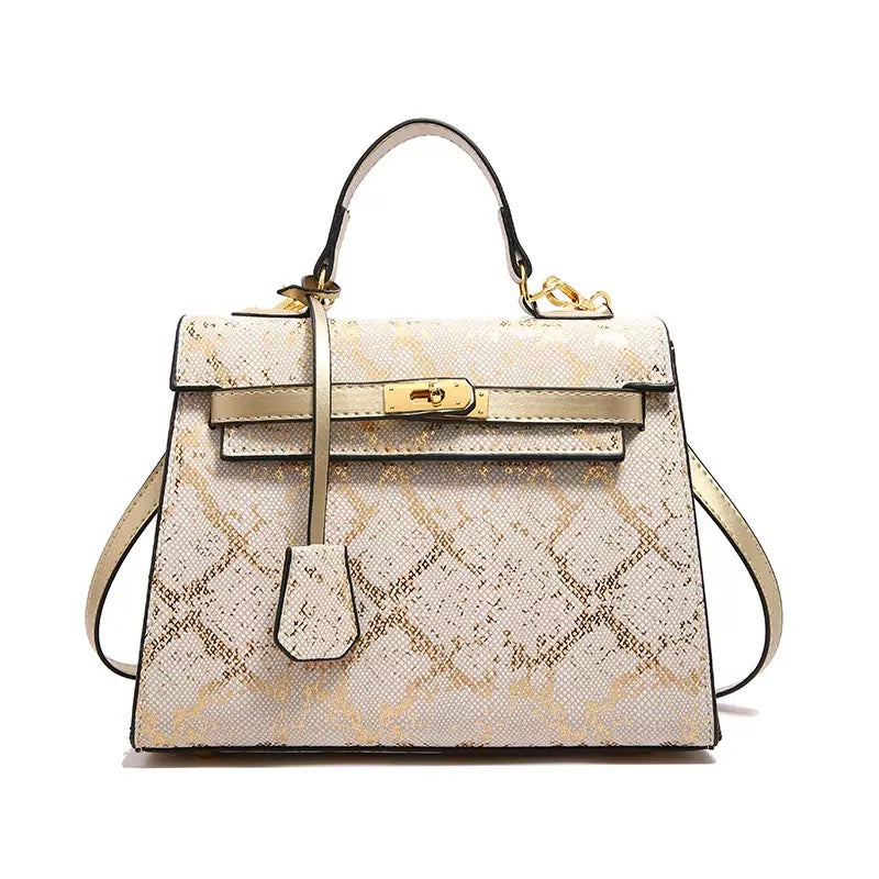 Luxury Snake Pattern Top Handle Bag – White & Gold