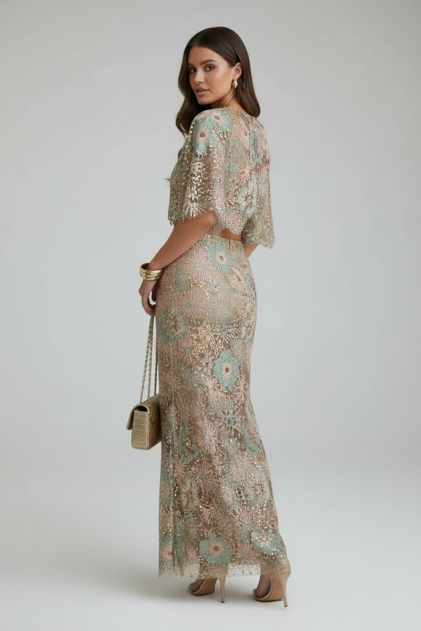 Embroidered Sequin Crop Top & Maxi Skirt Set