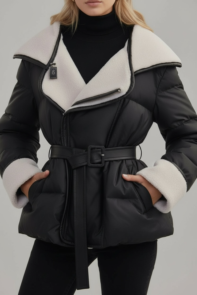 Luxury Teddy Fabric Puffer Jacket with Waist Belt