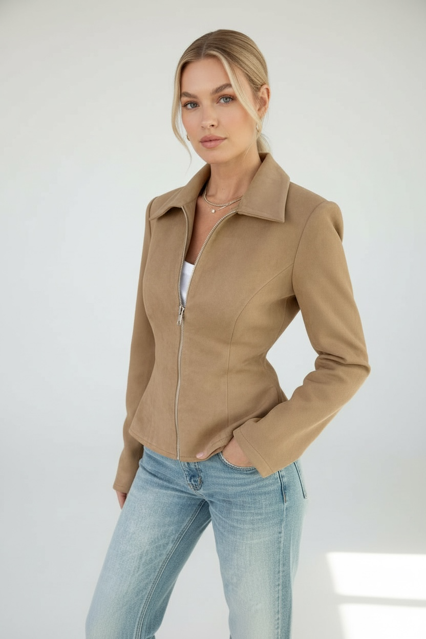 Suede Look Zip-Front Tailored Jacket