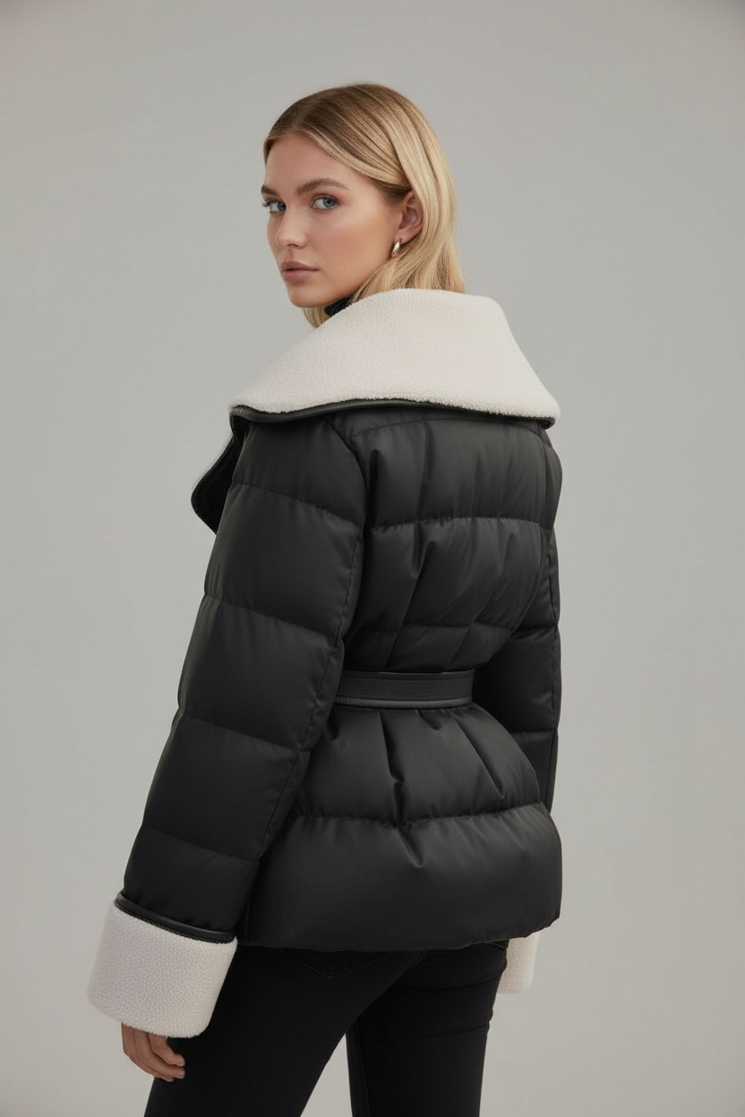 Luxury Teddy Fabric Puffer Jacket with Waist Belt