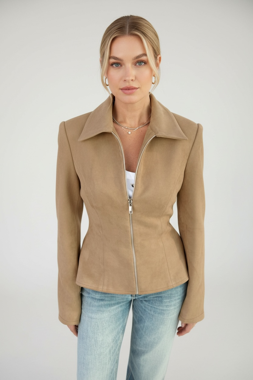 Suede Look Zip-Front Tailored Jacket