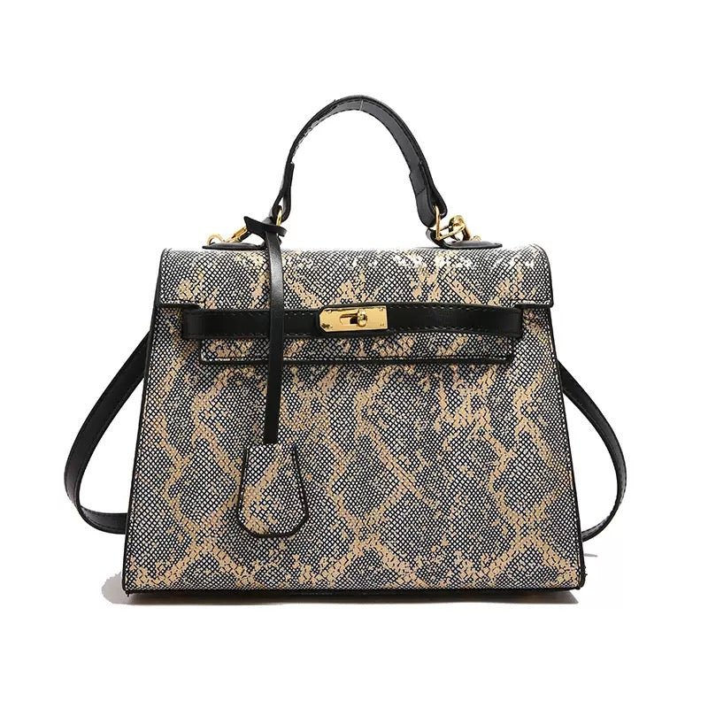 Luxury Snake Pattern Top Handle Bag – Black & Gold
