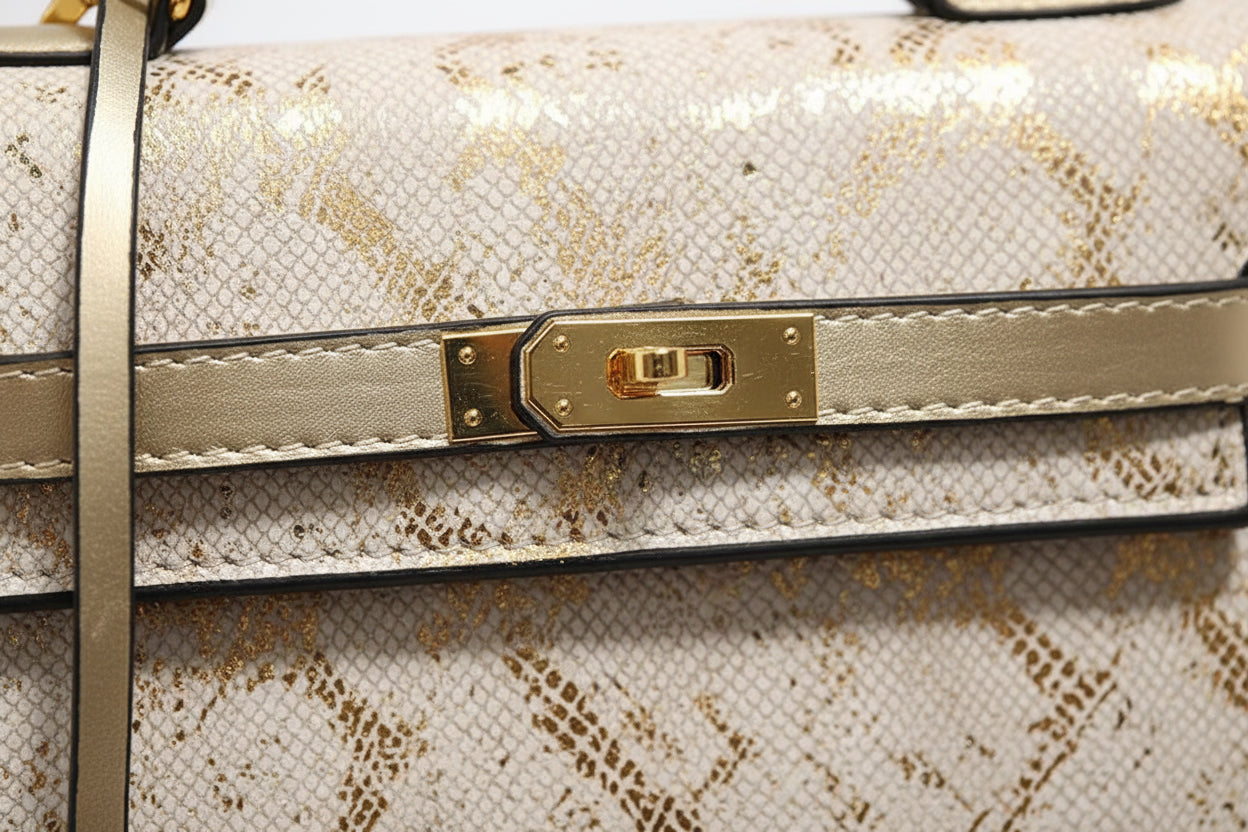 Luxury Snake Pattern Top Handle Bag – White & Gold