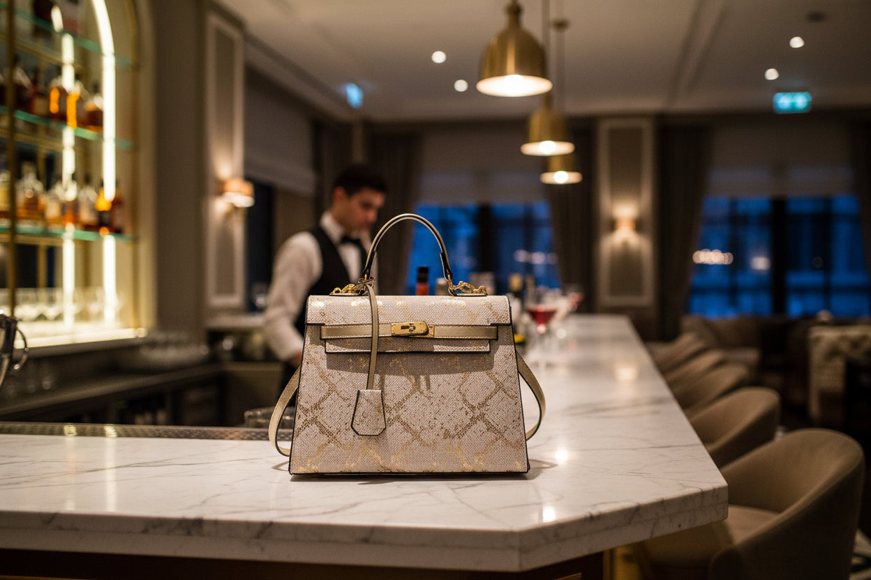 Luxury Snake Pattern Top Handle Bag – White & Gold