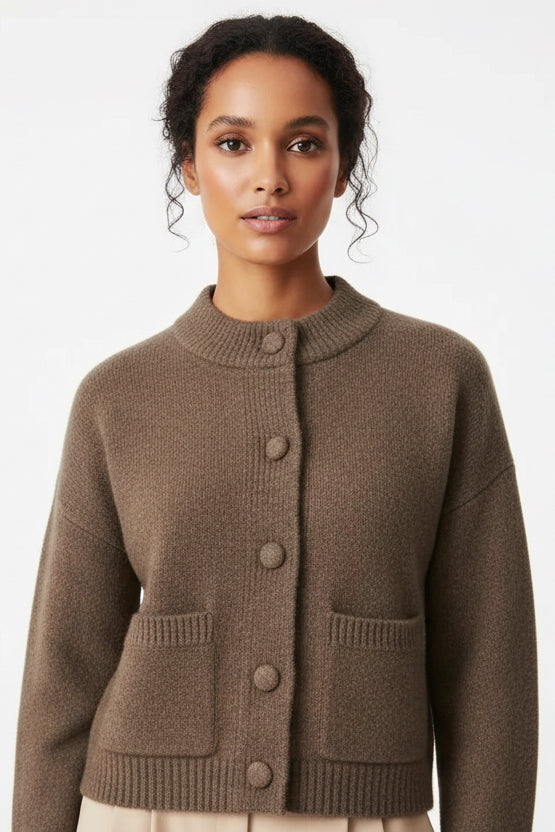Elegant Wool Blend Cardigan with Front Buttons - Brown