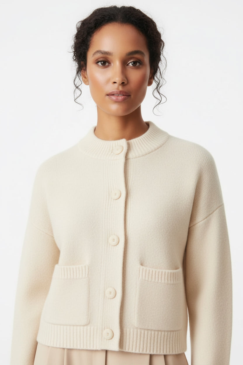 Elegant Wool Blend Cardigan with Front Buttons - White