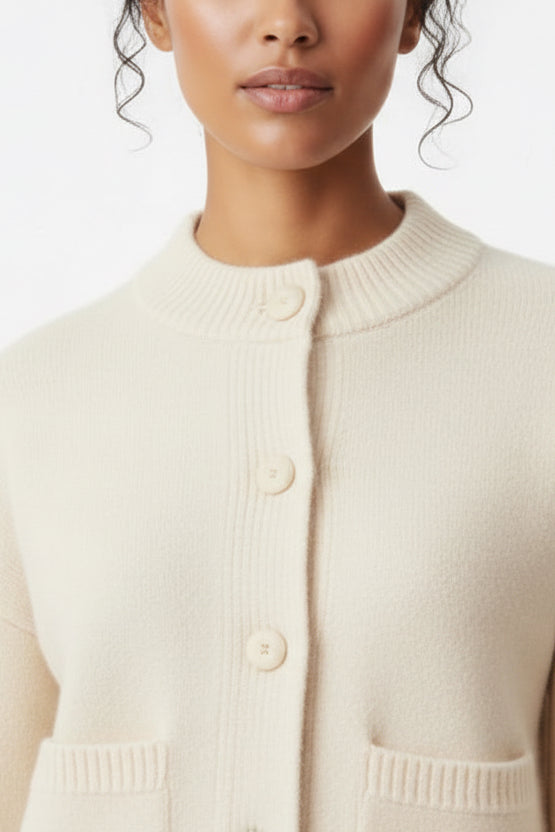 Elegant Wool Blend Cardigan with Front Buttons - White