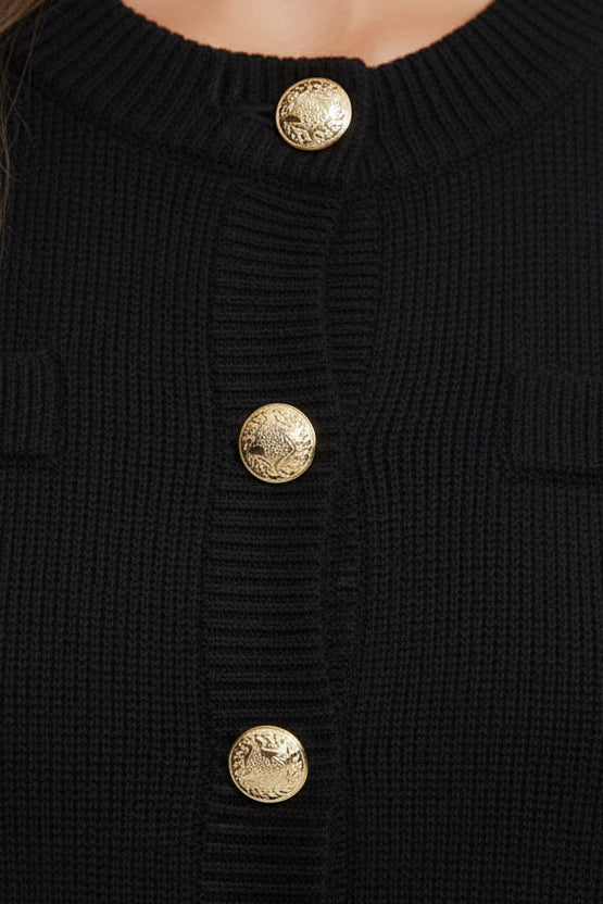Elegant Black Knit Dress with Gold Button Details