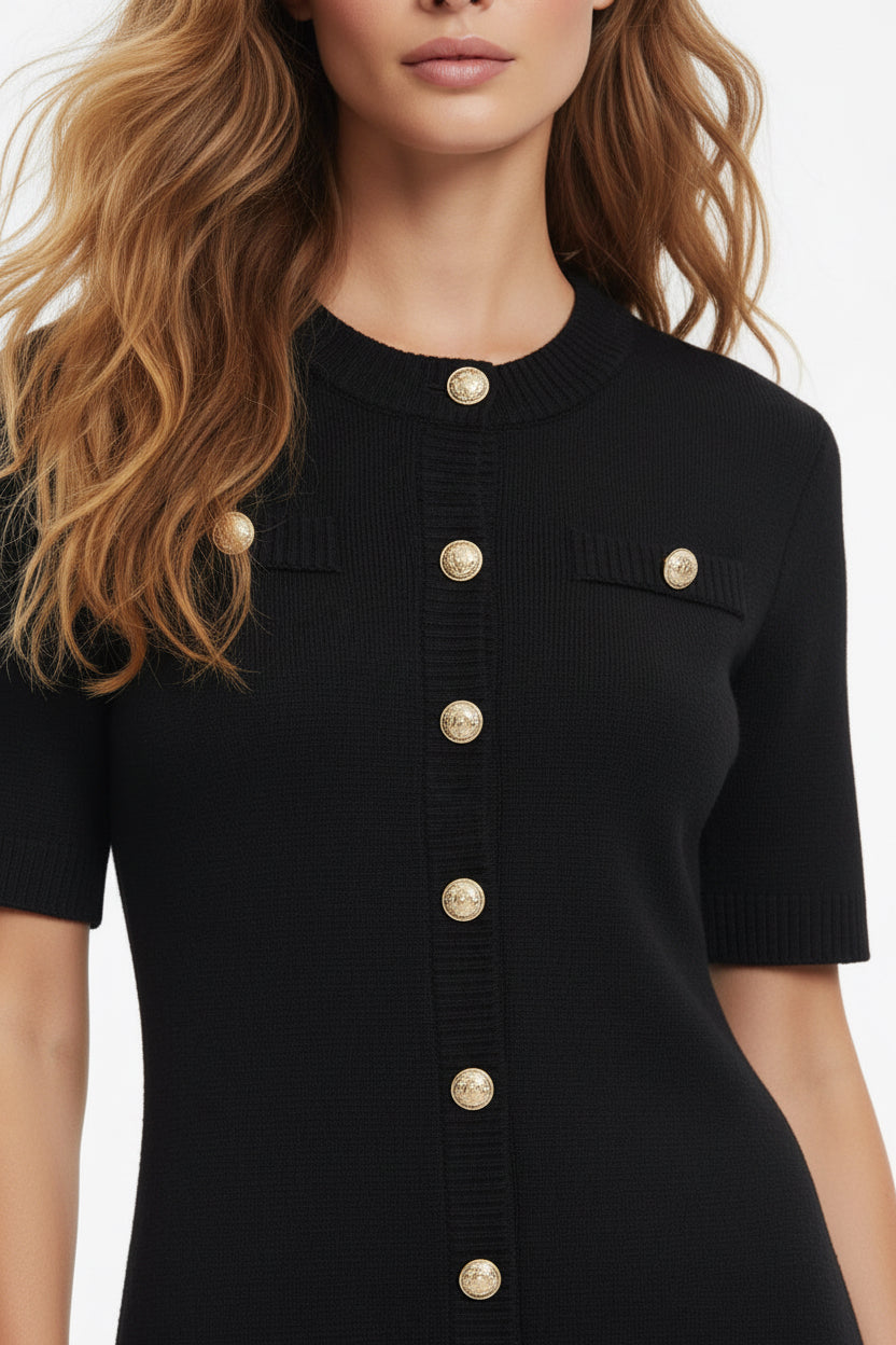 Elegant Black Knit Dress with Gold Button Details