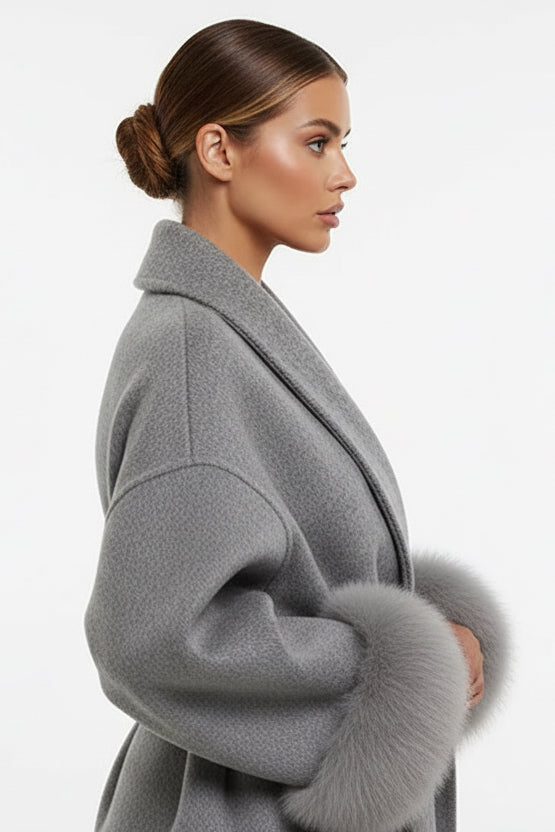 Luxury Oversized Grey Wool Coat with Faux Fur Cuffs