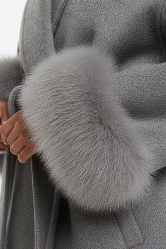 Luxury Oversized Grey Wool Coat with Faux Fur Cuffs