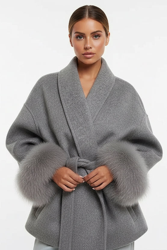 Luxury Oversized Grey Wool Coat with Faux Fur Cuffs