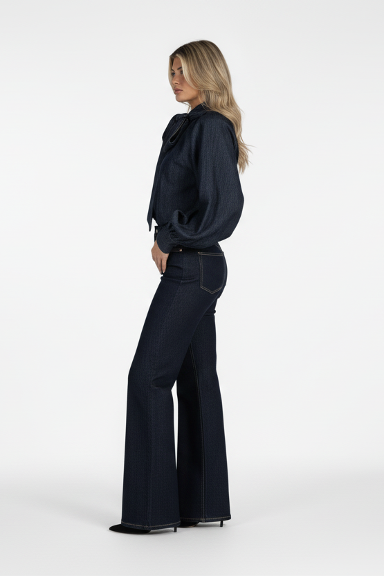 Dark Denim Elegance Set – Bow Blouse & Wide Leg Jeans