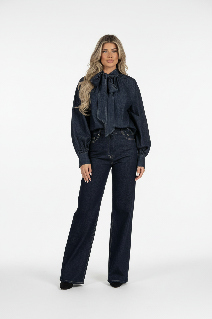 Dark Denim Elegance Set – Bow Blouse & Wide Leg Jeans