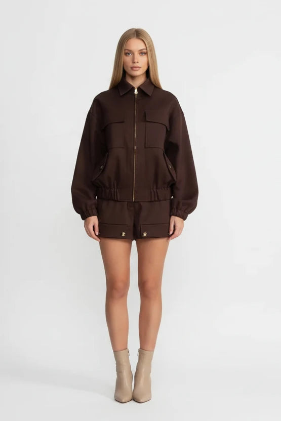 Luxury Brown Utility Jacket & Shorts Set with Gold Details