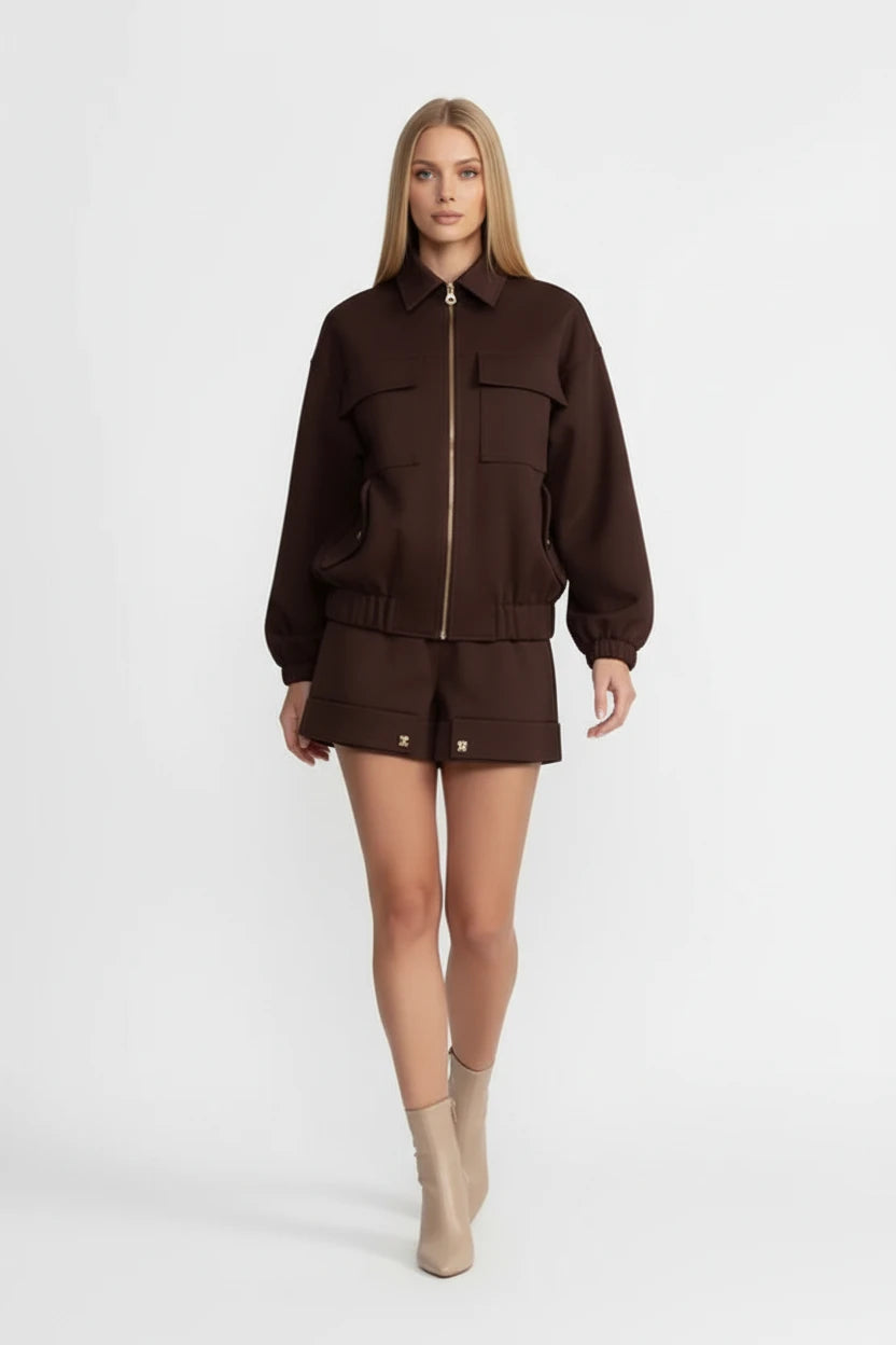 Luxury Brown Utility Jacket & Shorts Set with Gold Details