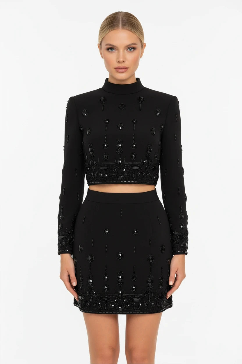 Luxury Black Embellished Crop Top & Skirt Set