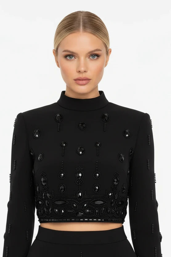 Luxury Black Embellished Crop Top & Skirt Set