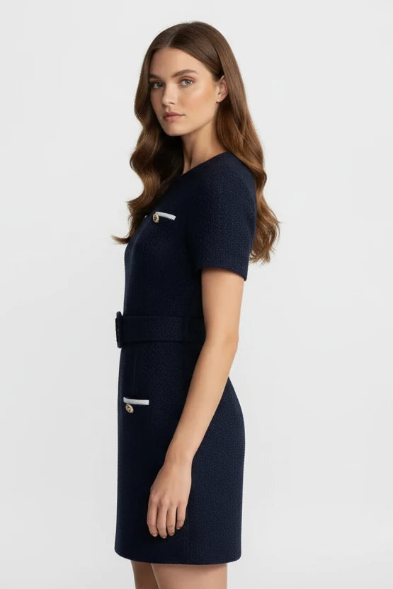 Elegant Navy Tweed Mini Dress with Gold Button Details