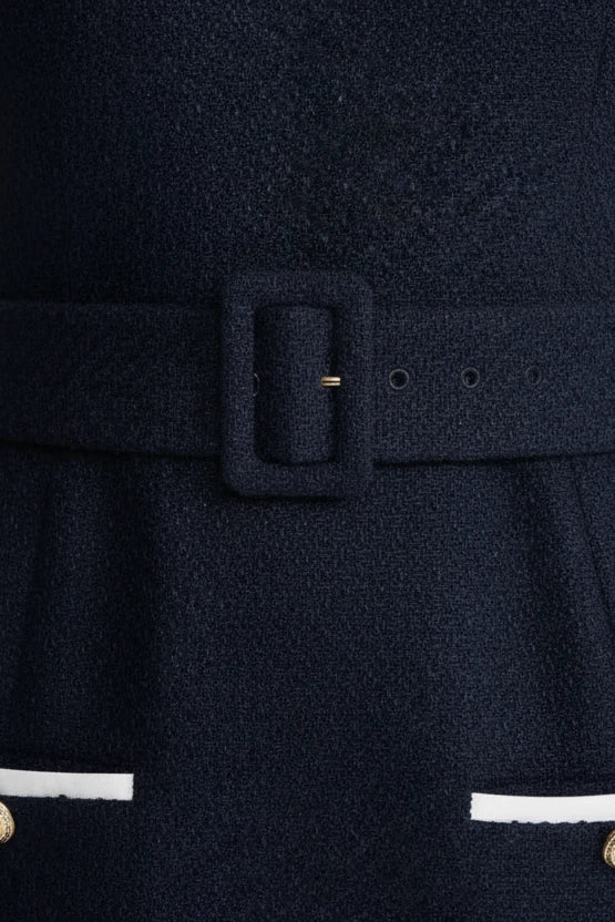 Elegant Navy Tweed Mini Dress with Gold Button Details