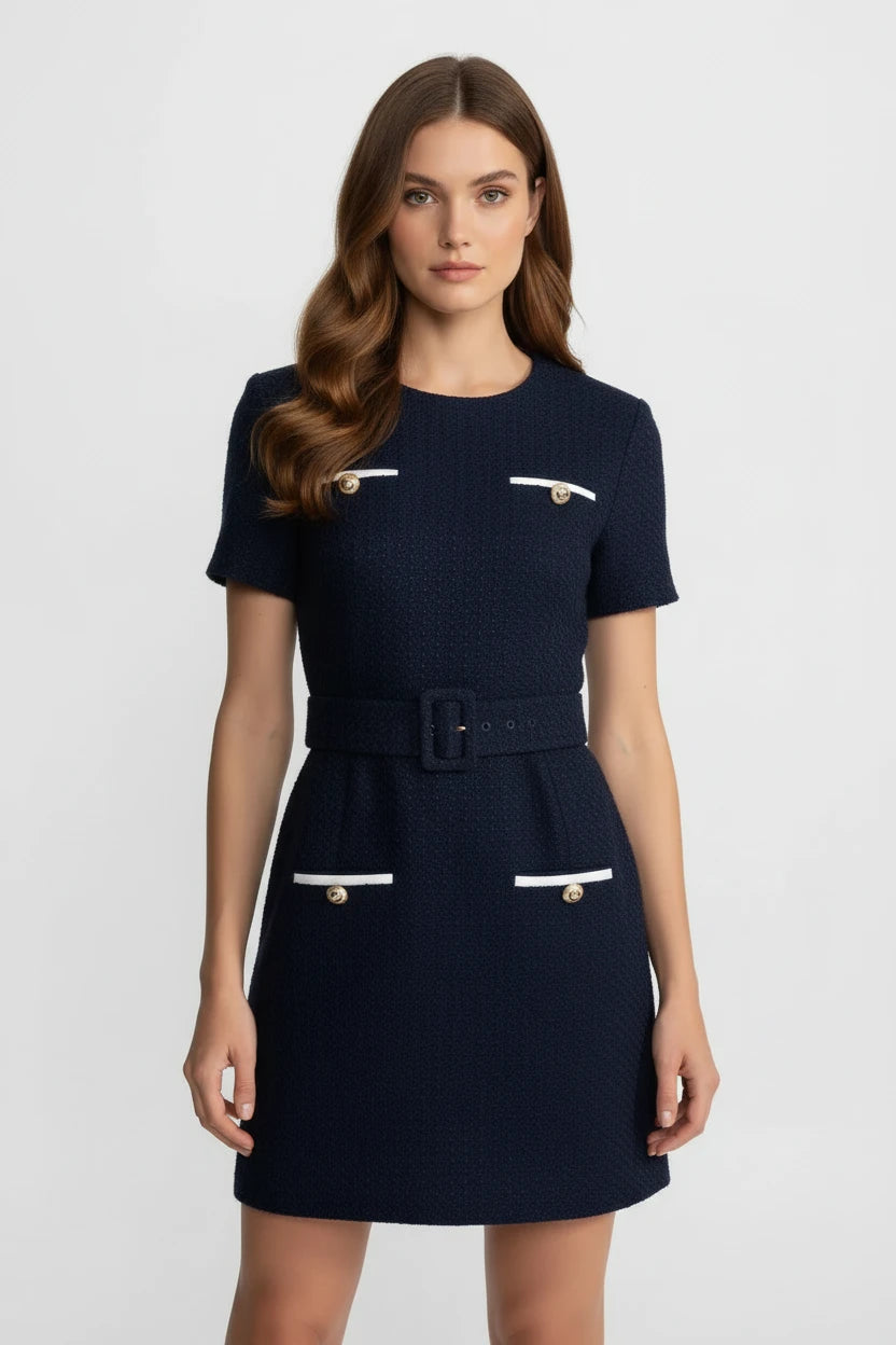 Elegant Navy Tweed Mini Dress with Gold Button Details