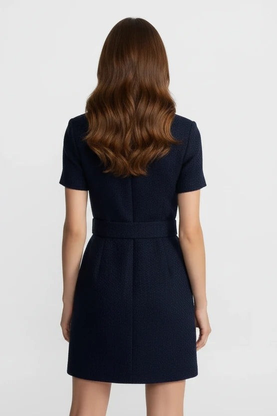 Elegant Navy Tweed Mini Dress with Gold Button Details