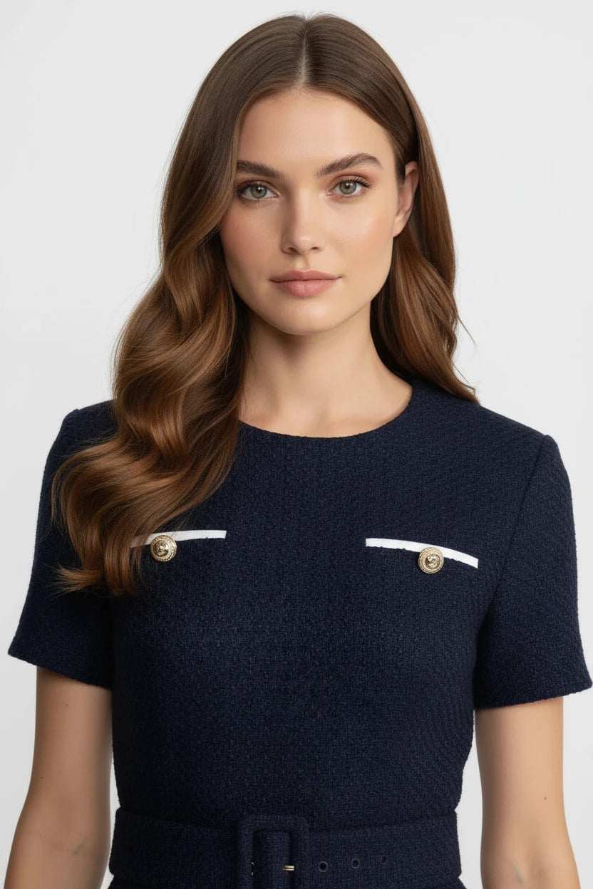 Elegant Navy Tweed Mini Dress with Gold Button Details