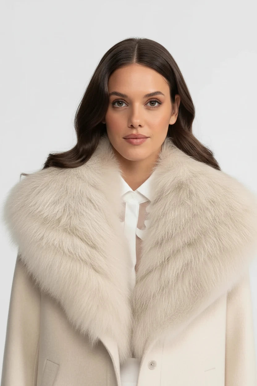 Luxury Cream Wool Coat with Oversized Faux Fur Collar
