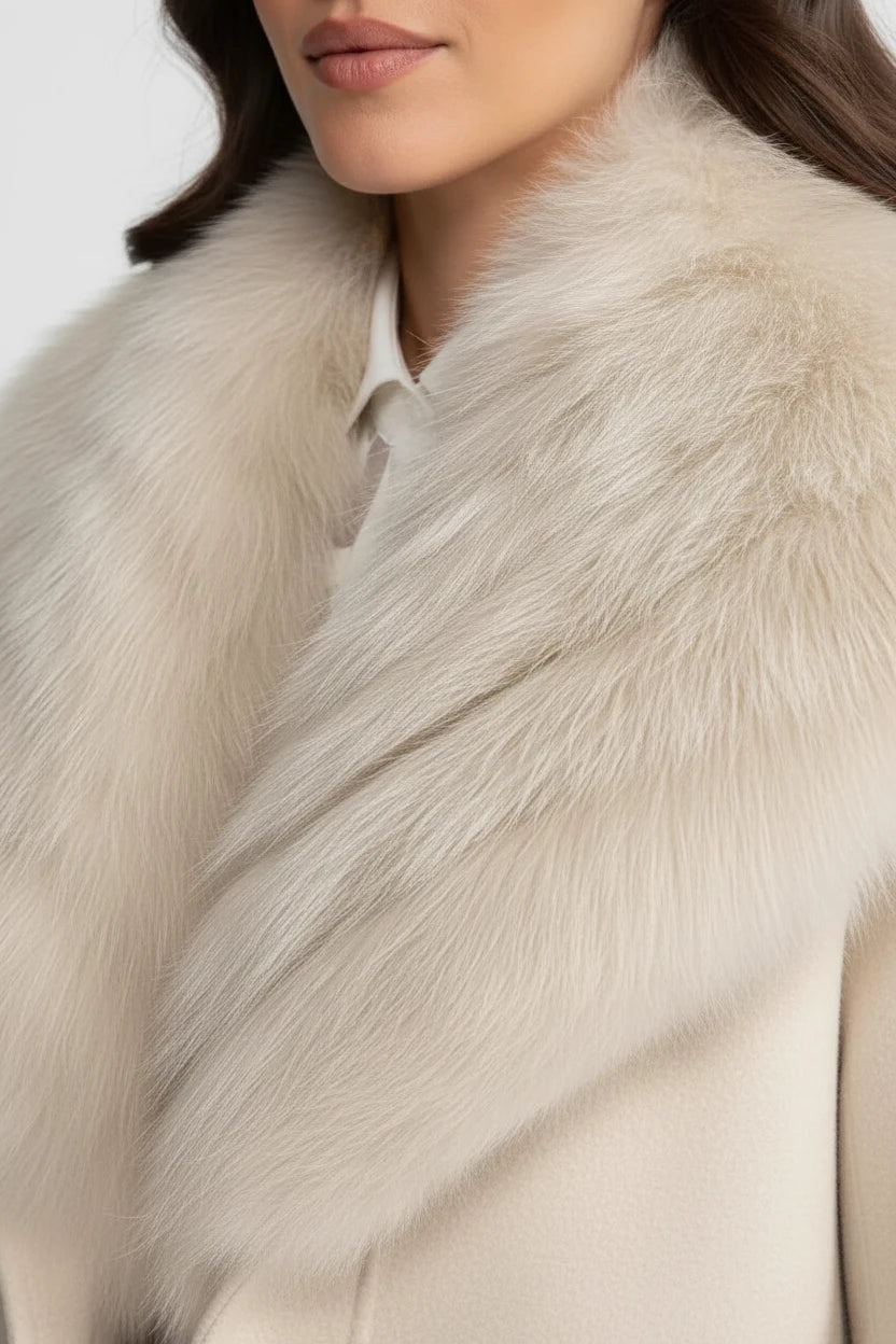 Luxury Cream Wool Coat with Oversized Faux Fur Collar