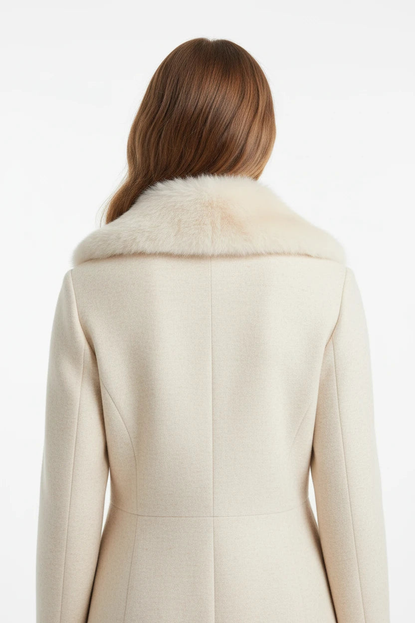Luxury Cream Wool Coat with Oversized Faux Fur Collar