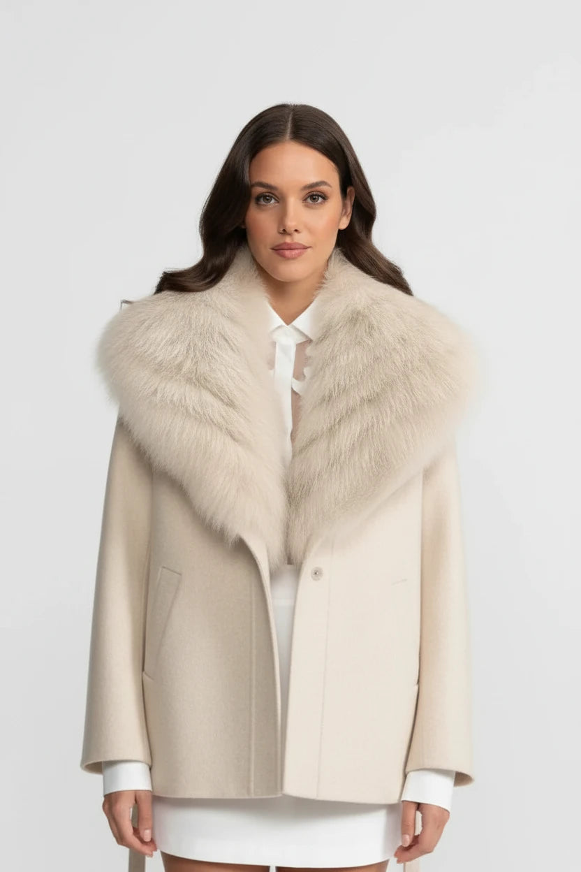 Luxury Cream Wool Coat with Oversized Faux Fur Collar