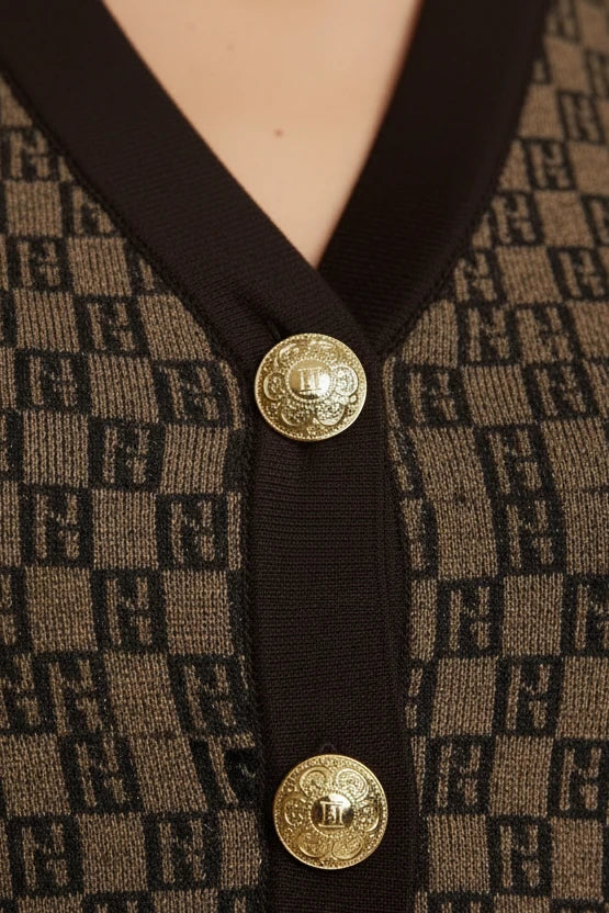 Luxury Monogram Vest & Wide-Leg Trousers Set with Gold Button Details