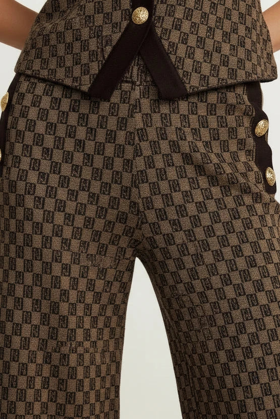 Luxury Monogram Vest & Wide-Leg Trousers Set with Gold Button Details