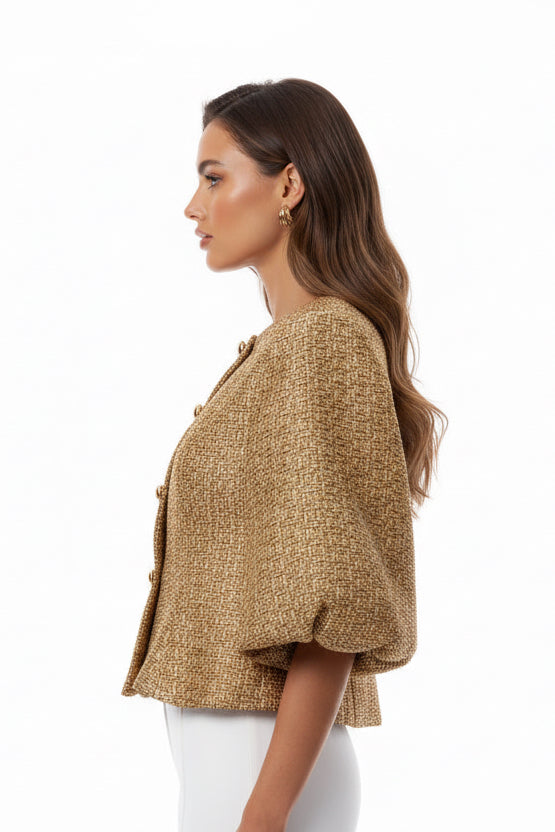 Luxury Gold Tweed Jacket with Puff Sleeves and Button Details