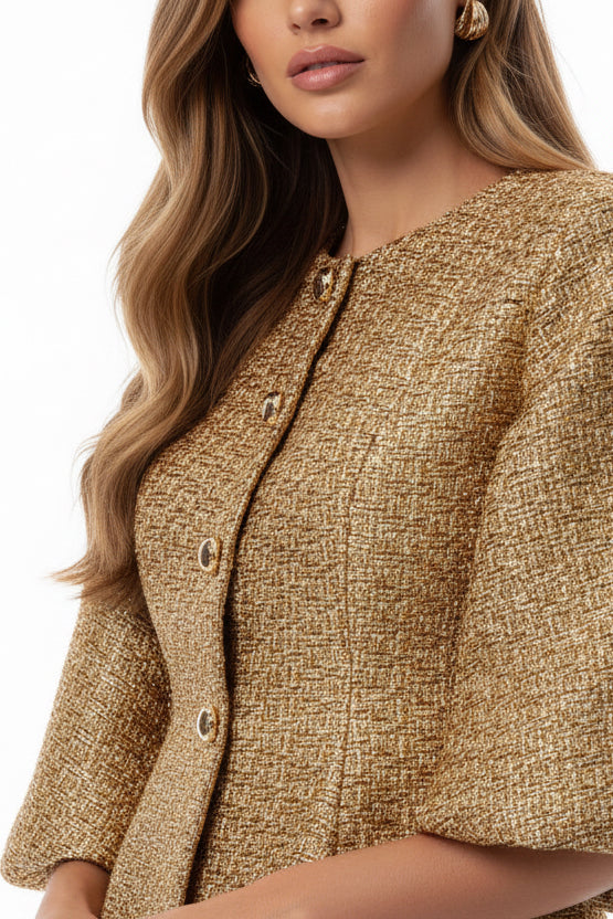 Luxury Gold Tweed Jacket with Puff Sleeves and Button Details