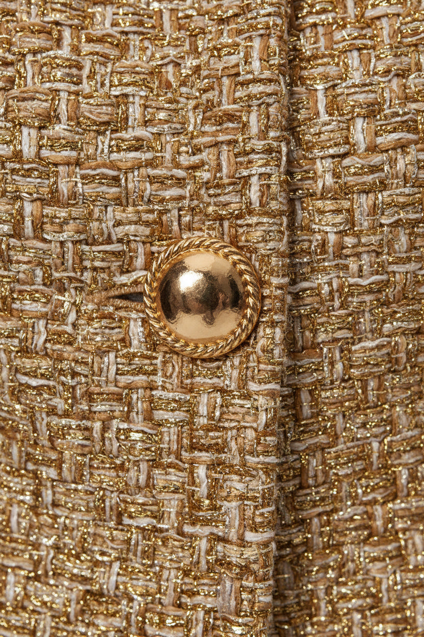 Luxury Gold Tweed Jacket with Puff Sleeves and Button Details