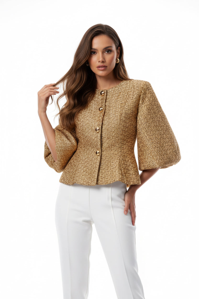 Luxury Gold Tweed Jacket with Puff Sleeves and Button Details