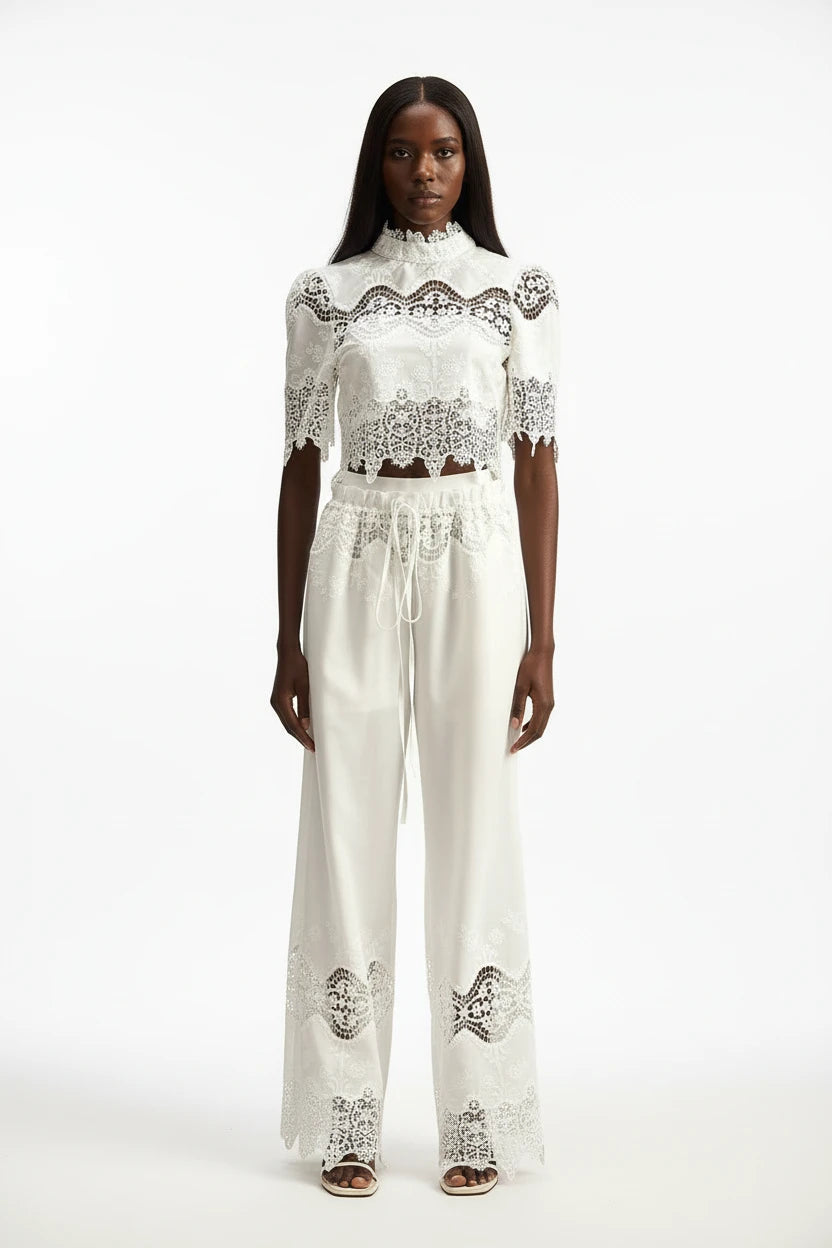 Elegant Lace Crop Top & Wide-Leg Trouser Set in Ivory