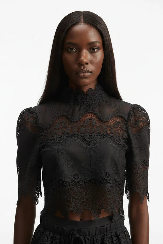 Elegant Lace Crop Top & Wide-Leg Trouser Set in Black