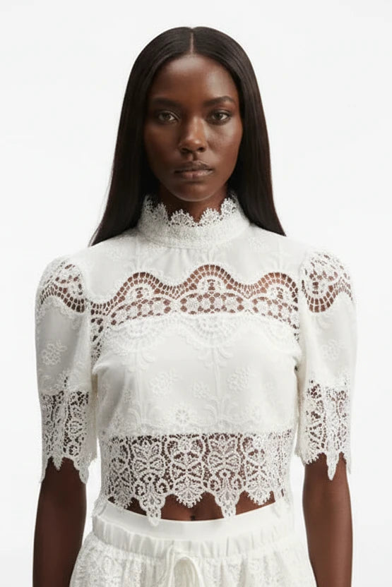 Elegant Lace Crop Top & Wide-Leg Trouser Set in Ivory