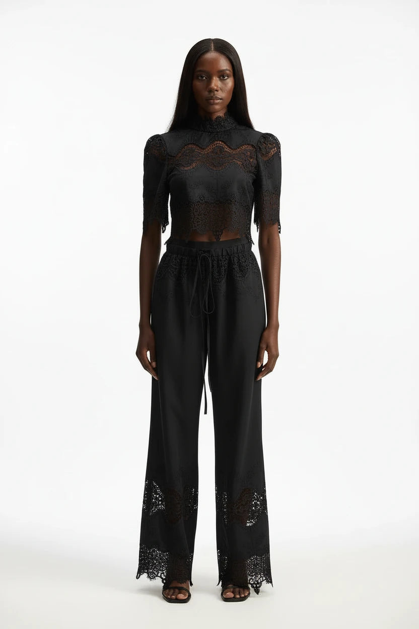 Elegant Lace Crop Top & Wide-Leg Trouser Set in Black