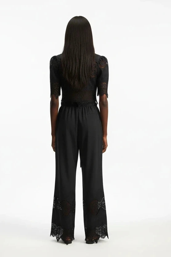 Elegant Lace Crop Top & Wide-Leg Trouser Set in Black