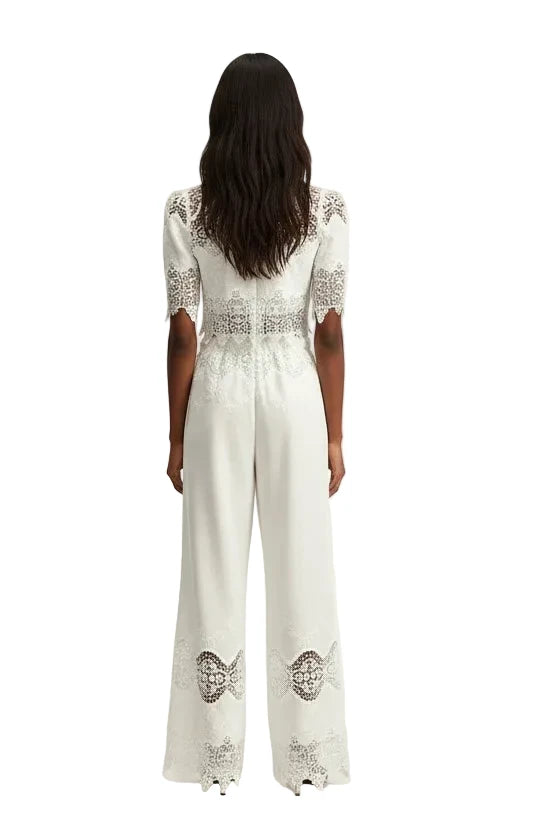 Elegant Lace Crop Top & Wide-Leg Trouser Set in Ivory